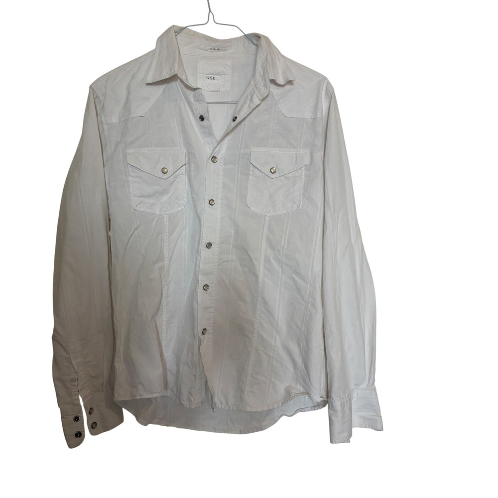 BKE Western Pearl Snap Shirt Mens Size Lg White Slim Fit Embroidered Cowboy